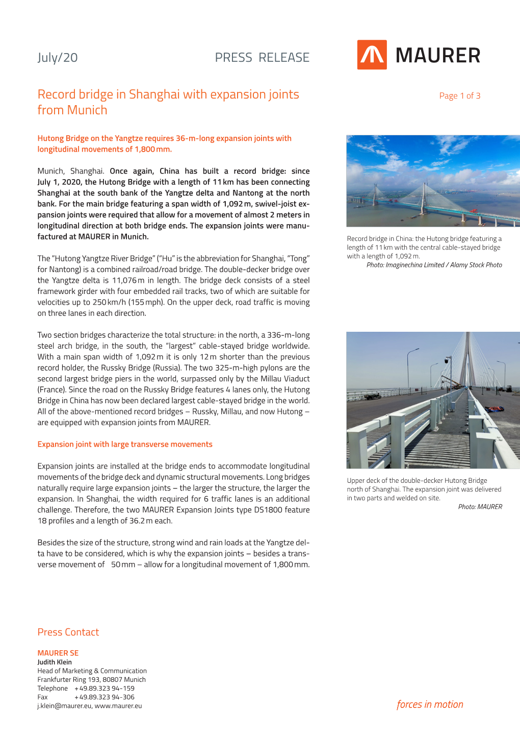 Record Bridge in Shanghai with Expansion Joints from Munich July