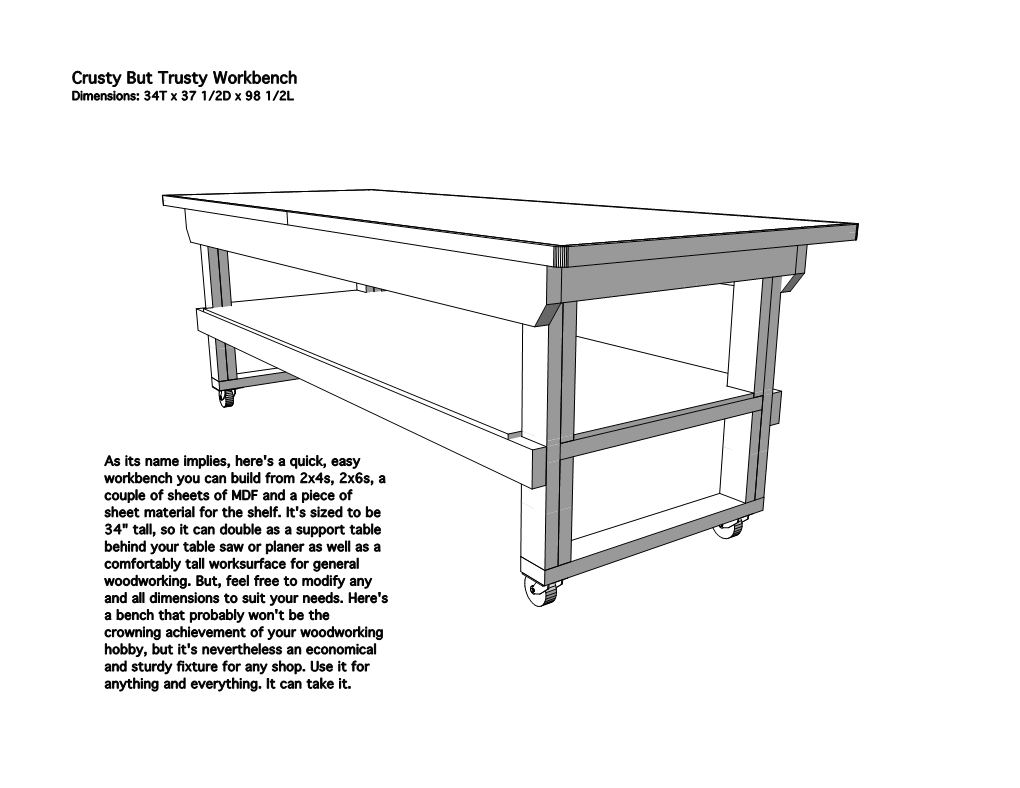 Crusty but Trusty Workbench Dimensions: 34T X 37 1/2D X 98 1/2L