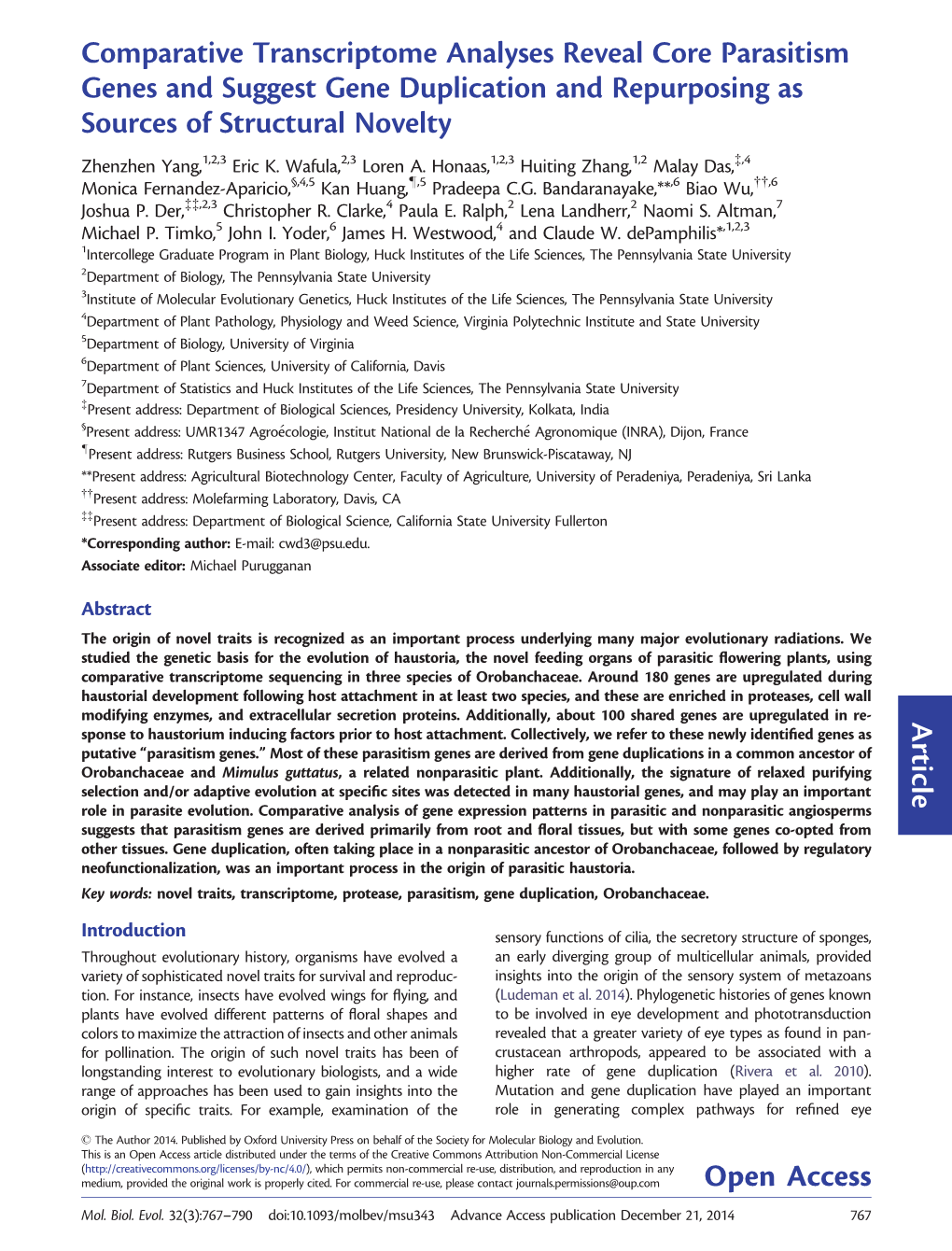 Article Comparative Transcriptome Analyses Reveal Core Parasitism Genes and Suggest Gene Duplication and Repurposing As Sources