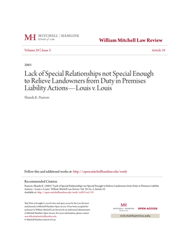 Lack of Special Relationships Not Special Enough to Relieve Landowners from Duty in Premises Liability Actionsâ•Fllouis V. Lo