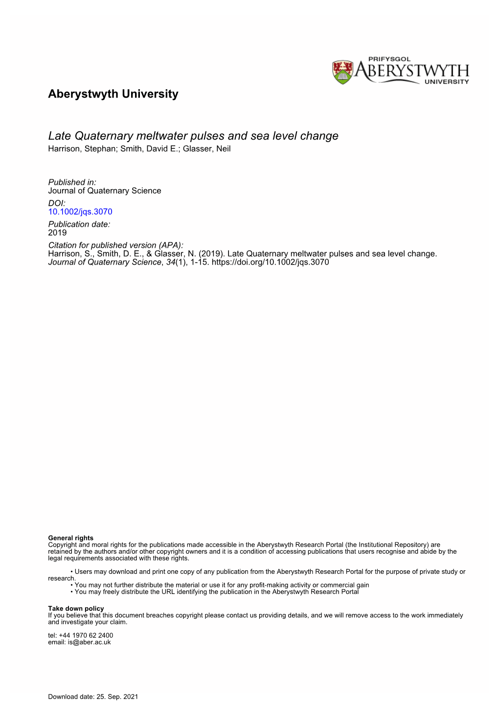 Aberystwyth University Late Quaternary Meltwater Pulses And