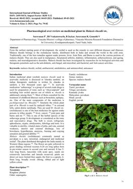 Pharmacological Over Review on Medicinal Plant in Malaxis Rheedii Sw