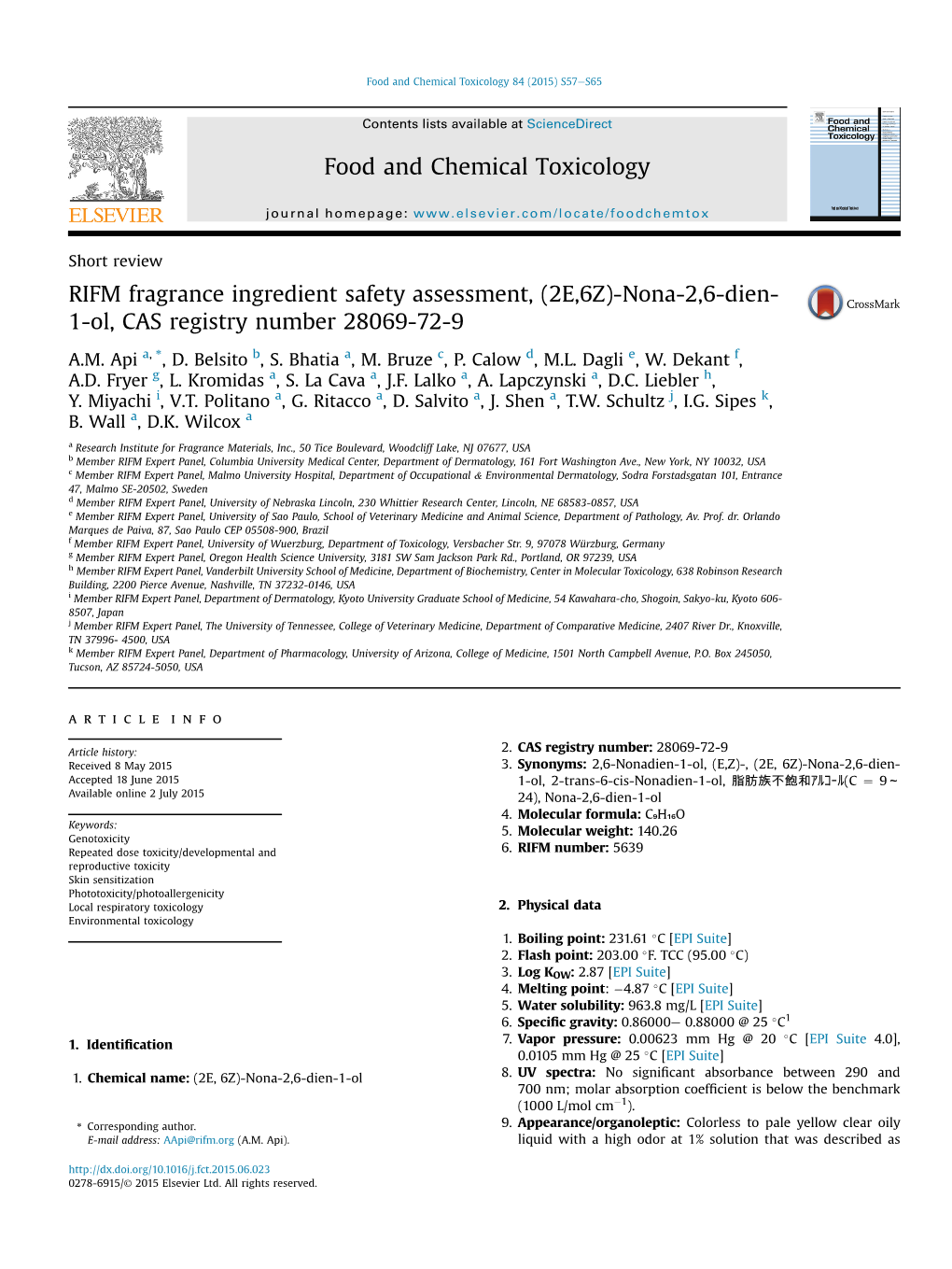 RIFM Fragrance Ingredient Safety Assessment, (2E,6Z)-Nona-2,6-Dien- 1-Ol, CAS Registry Number 28069-72-9