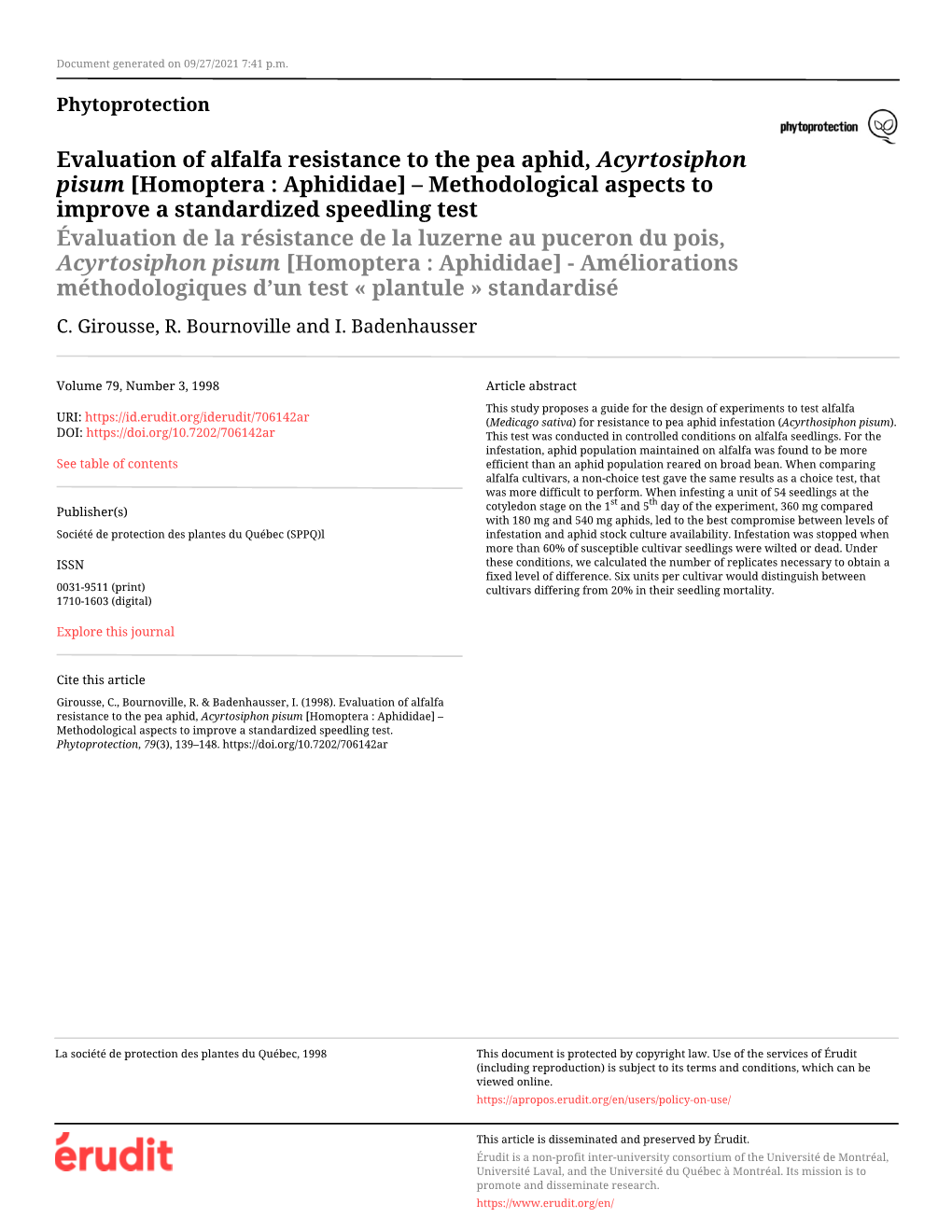 Evaluation of Alfalfa Resistance to the Pea Aphid, Acyrtosiphon