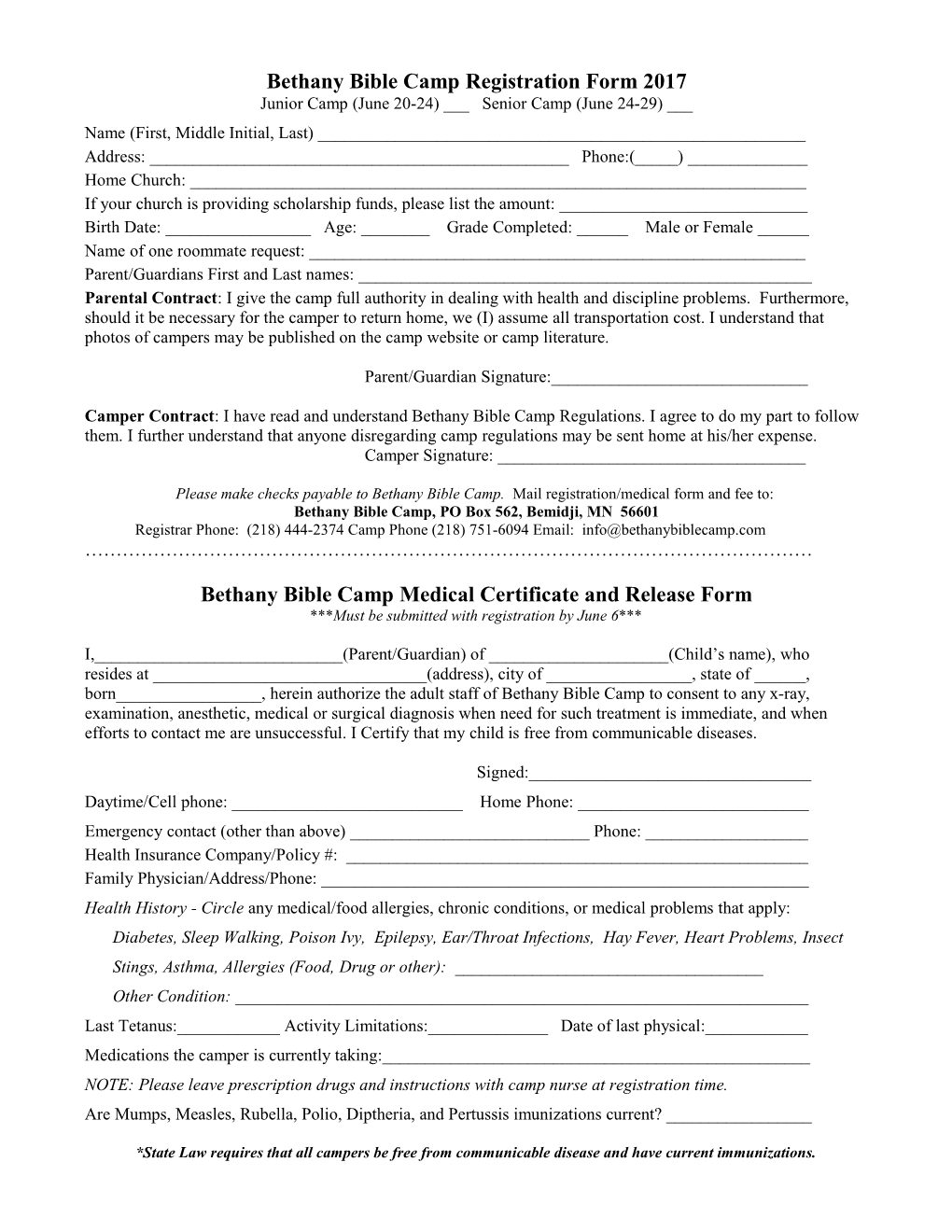 Bethany Bible Camp Registration Form