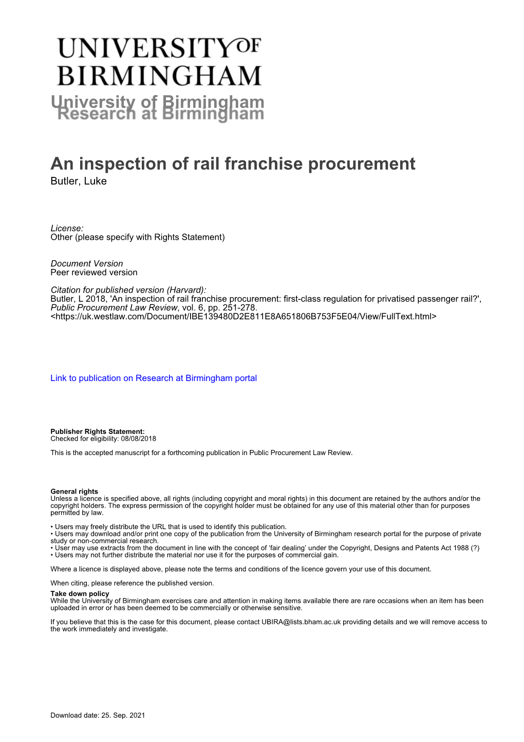 University of Birmingham an Inspection of Rail Franchise