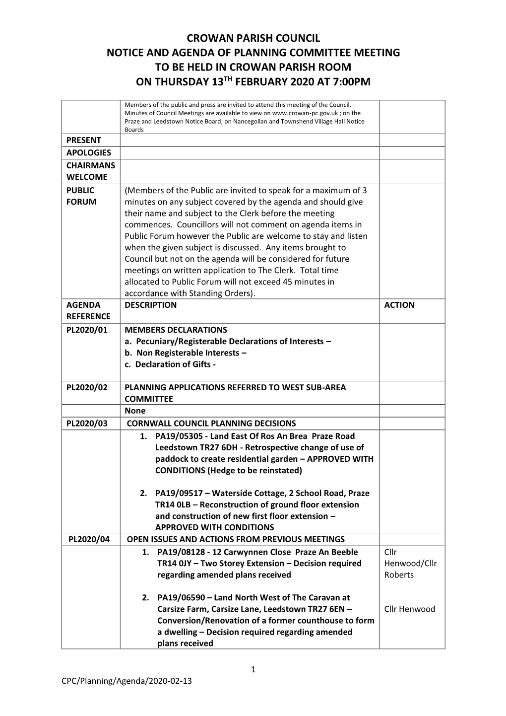 Planning Meeting Agenda – Draft