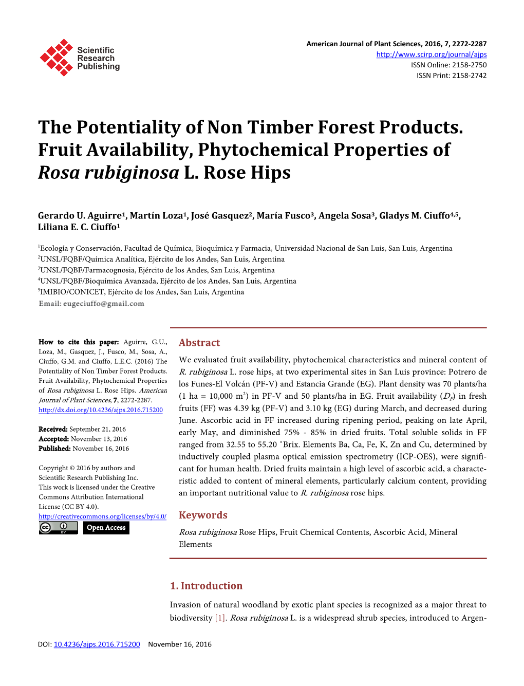 The Potentiality of Non Timber Forest Products. Fruit Availability, Phytochemical Properties of Rosa Rubiginosa L