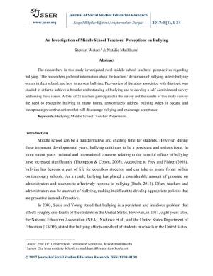 An Investigation of Middle School Teachers' Perceptions on Bullying Stewart Waters1 & Natalie Mashburn2 Abstract Introduct