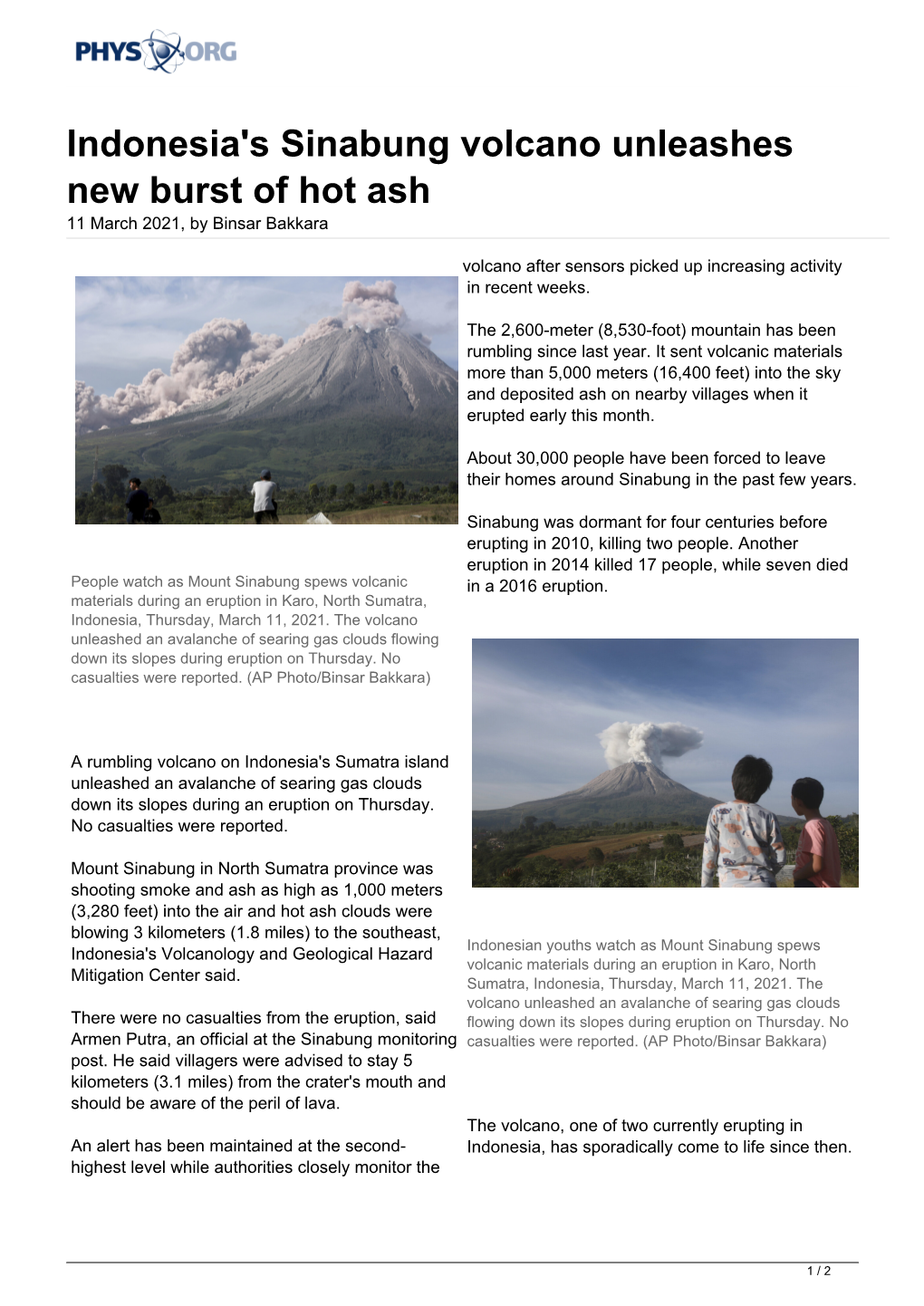 Indonesia's Sinabung Volcano Unleashes New Burst of Hot Ash 11 March 2021, by Binsar Bakkara