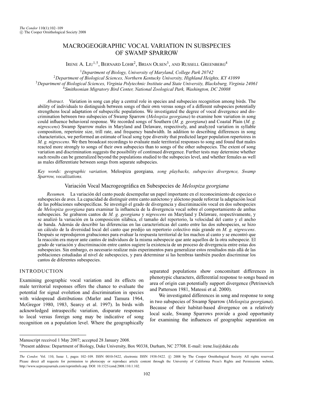 Macrogeographic Vocal Variation in Subspecies of Swamp Sparrow