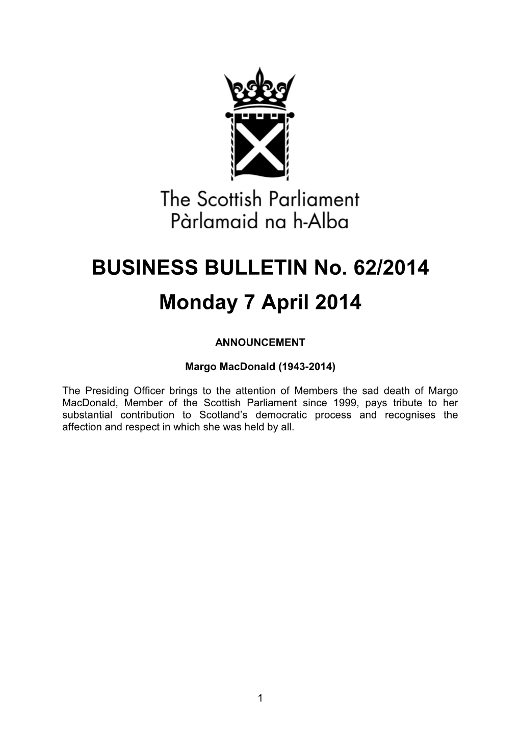 BUSINESS BULLETIN No. 62/2014 Monday 7 April 2014