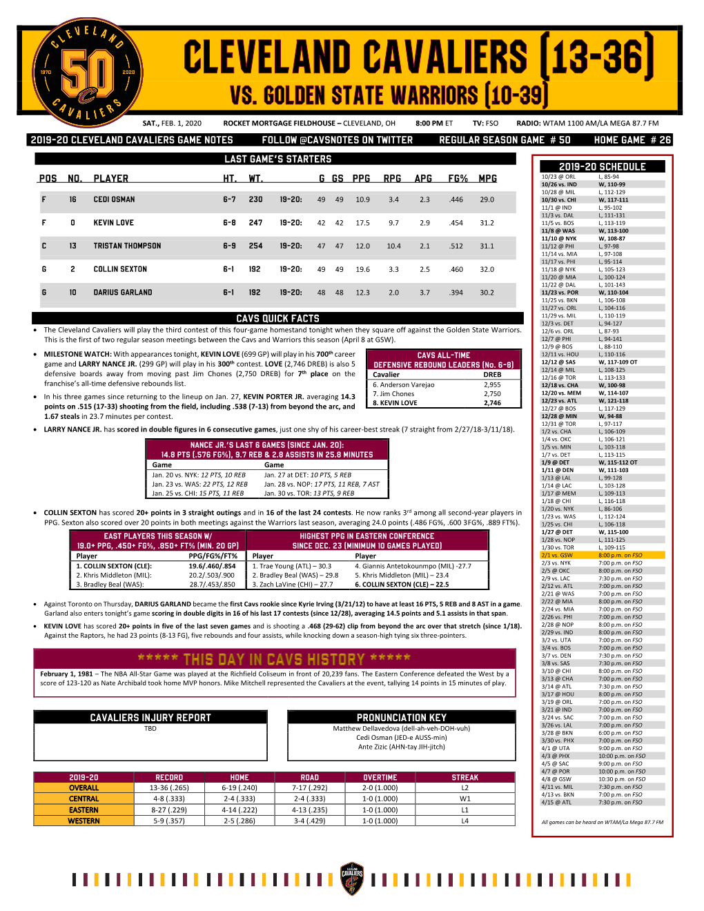 2019-20 Cleveland Cavaliers Game Notes Follow @Cavsnotes on Twitter Regular Season Game # 50 Home Game # 26