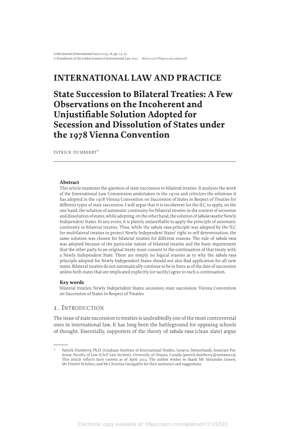 INTERNATIONAL LAW and PRACTICE State Succession to Bilateral Treaties