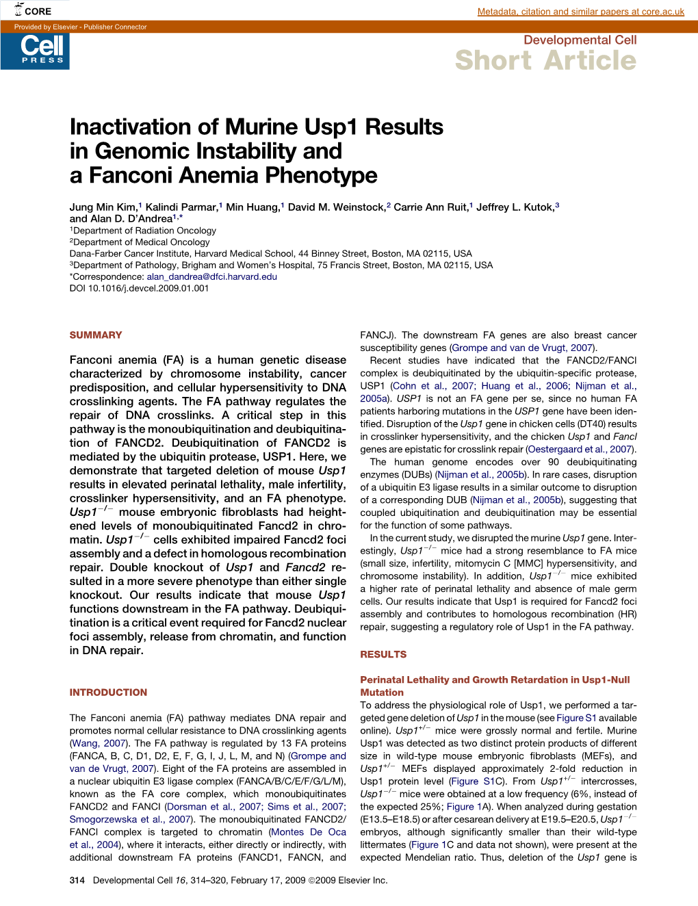 Inactivation of Murine Usp1 Results in Genomic Instability and a Fanconi Anemia Phenotype