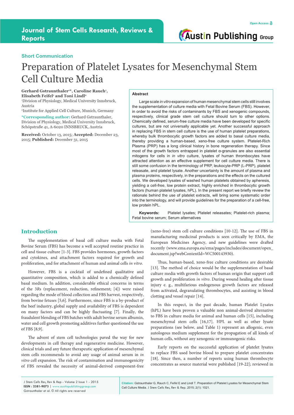 Preparation of Platelet Lysates for Mesenchymal Stem Cell Culture Media