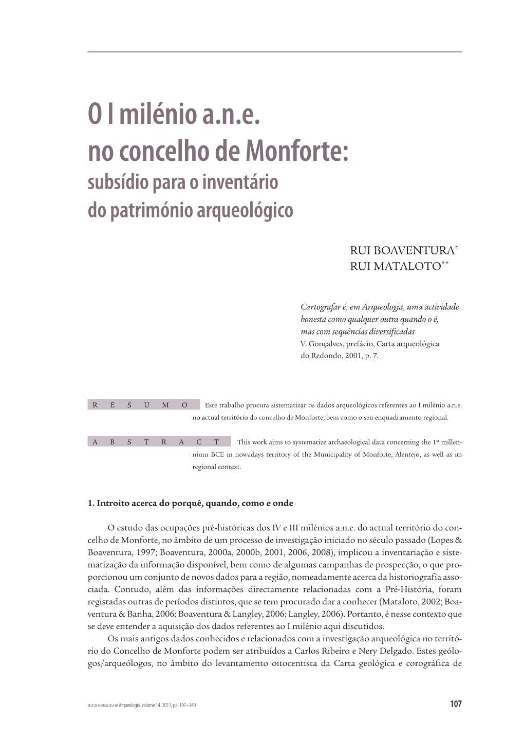 O I Milénio A.N.E. No Concelho De Monforte: Subsídio Para O Inventário Do Património Arqueológico