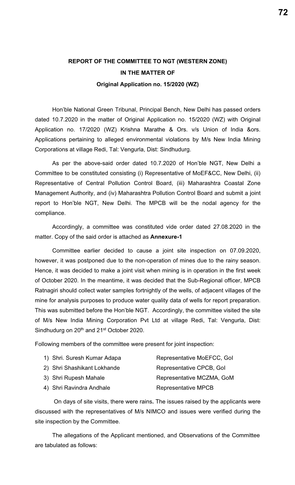REPORT of the COMMITTEE to NGT (WESTERN ZONE) in the MATTER of Original Application No