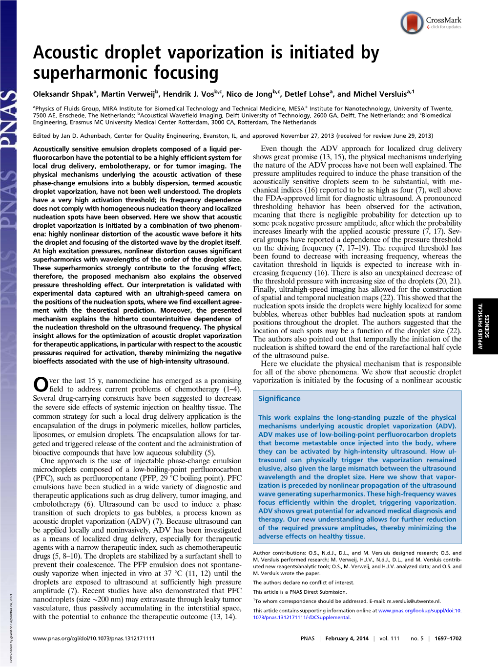 Acoustic Droplet Vaporization Is Initiated by Superharmonic Focusing