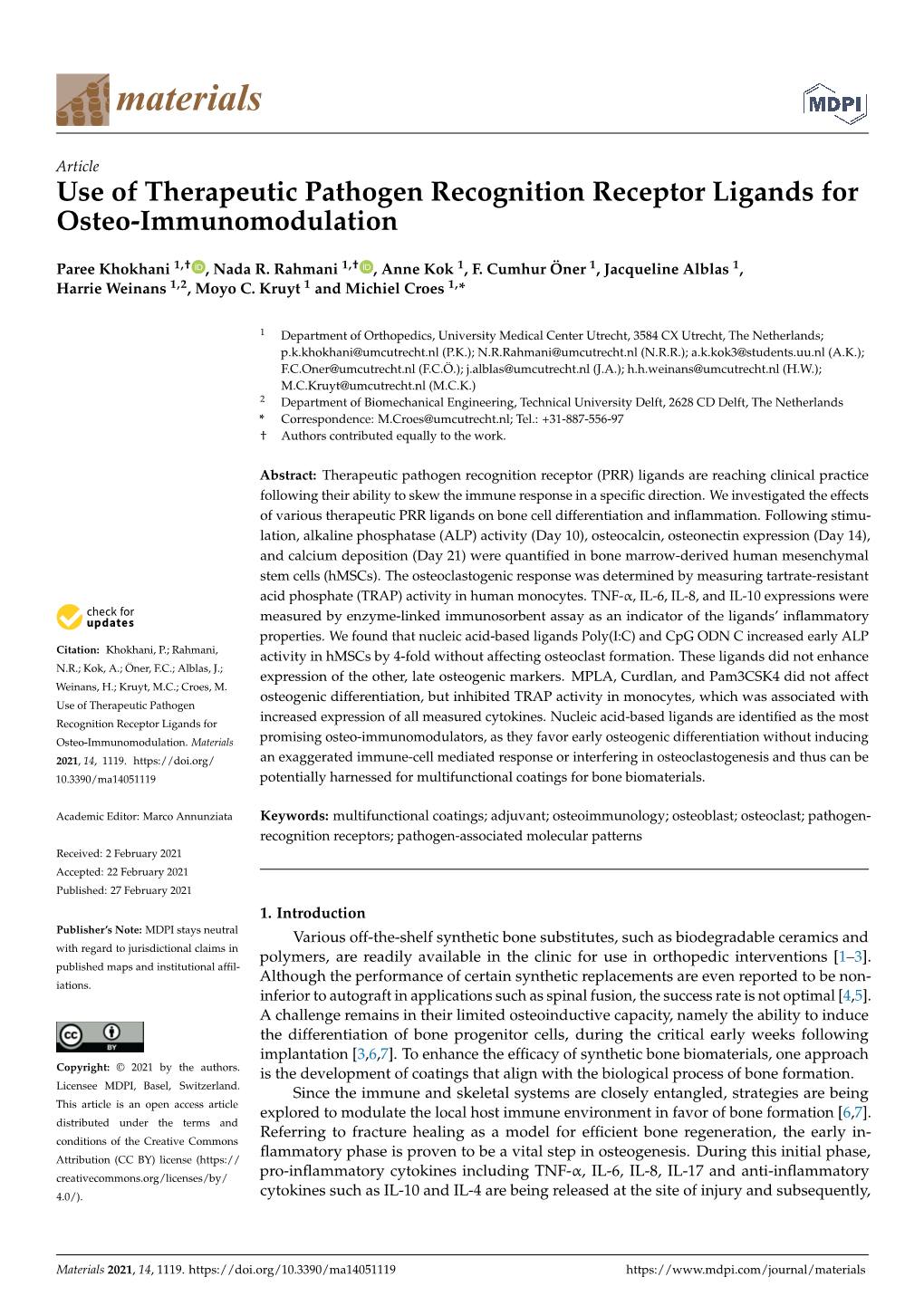 Use of Therapeutic Pathogen Recognition Receptor Ligands for Osteo-Immunomodulation