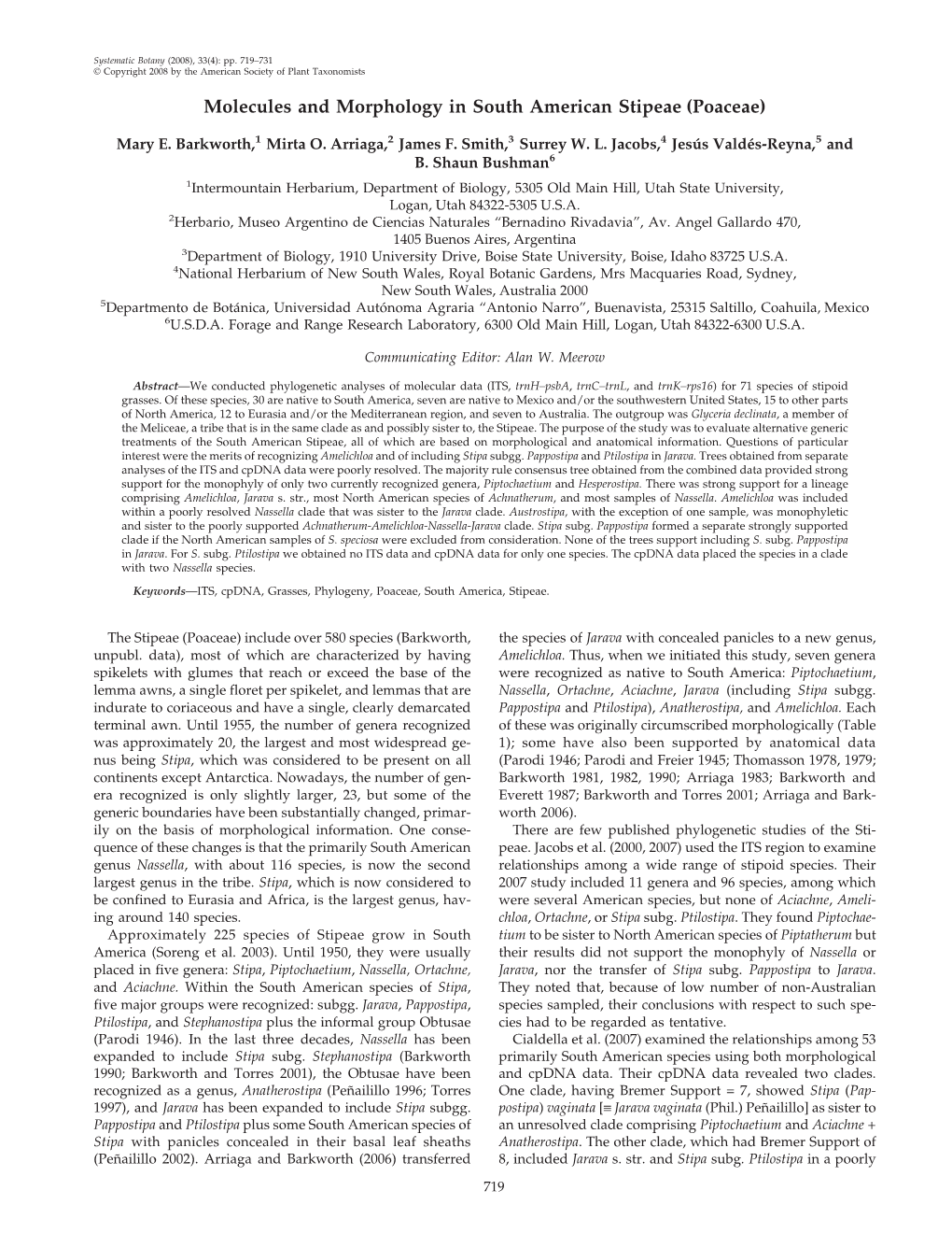 Molecules and Morphology in South American Stipeae (Poaceae)