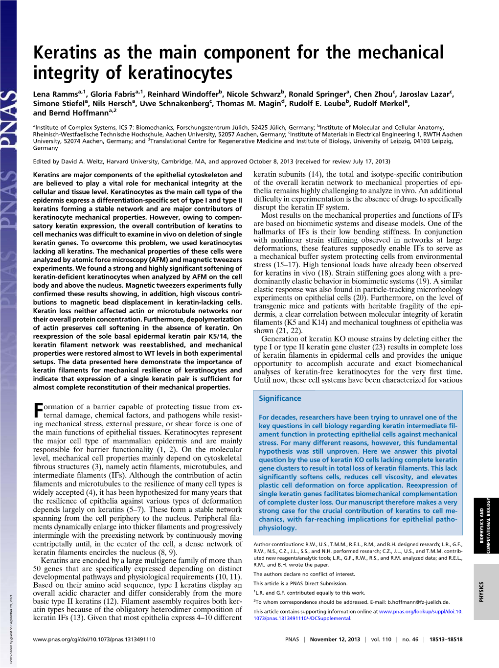 Keratins As the Main Component for the Mechanical Integrity of Keratinocytes