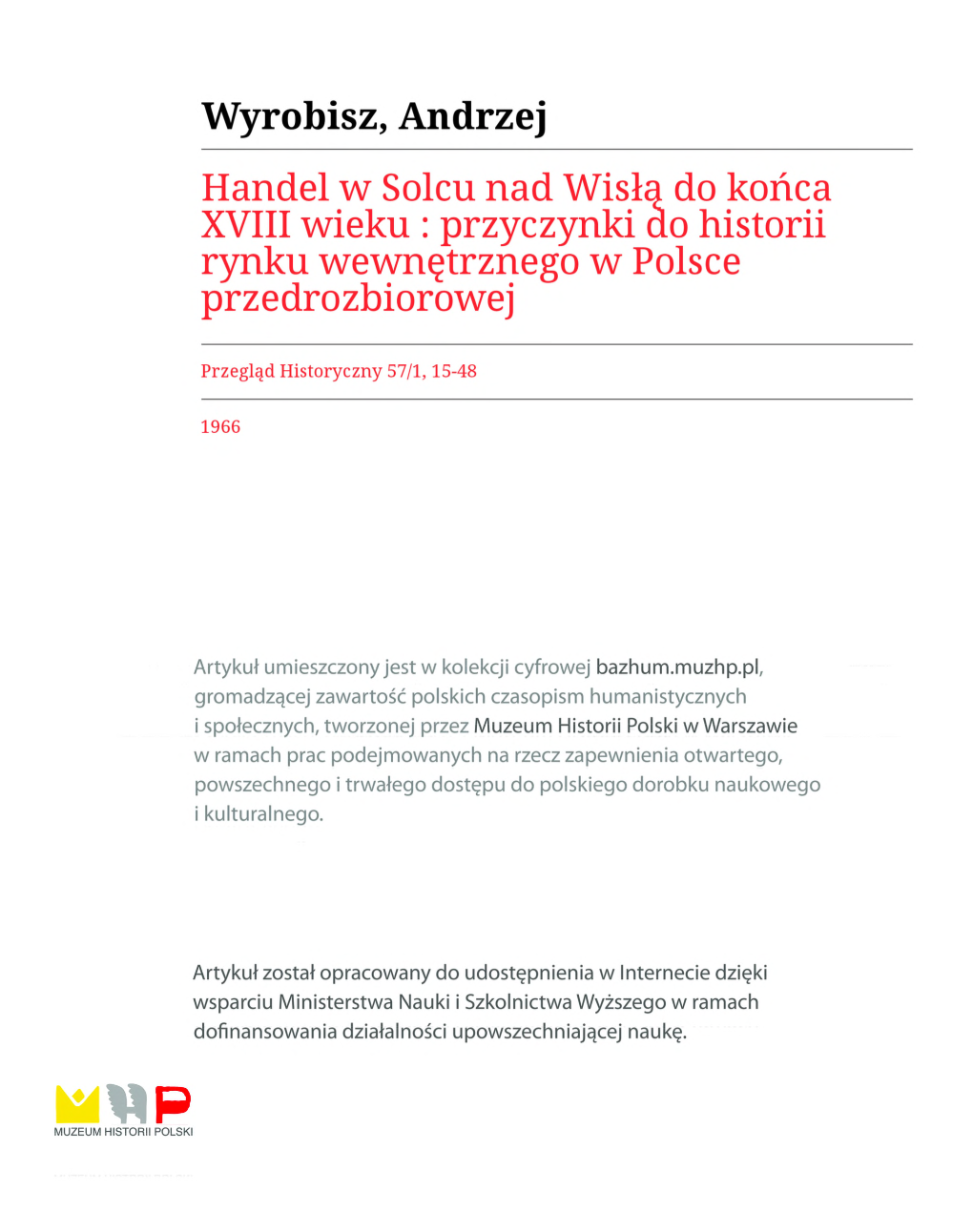 Wyrobisz, Andrzej Handel W Solcu Nad Wisłą Do Końca XVIII Wieku : Przyczynki Do Historii Rynku Wewnętrznego W Polsce Przedrozbiorowej