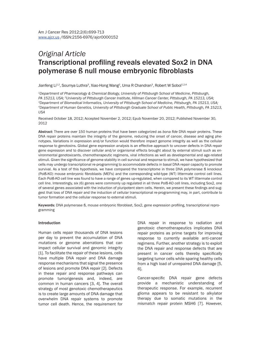 Original Article Transcriptional Profiling Reveals Elevated Sox2 in DNA Polymerase ß Null Mouse Embryonic Fibroblasts