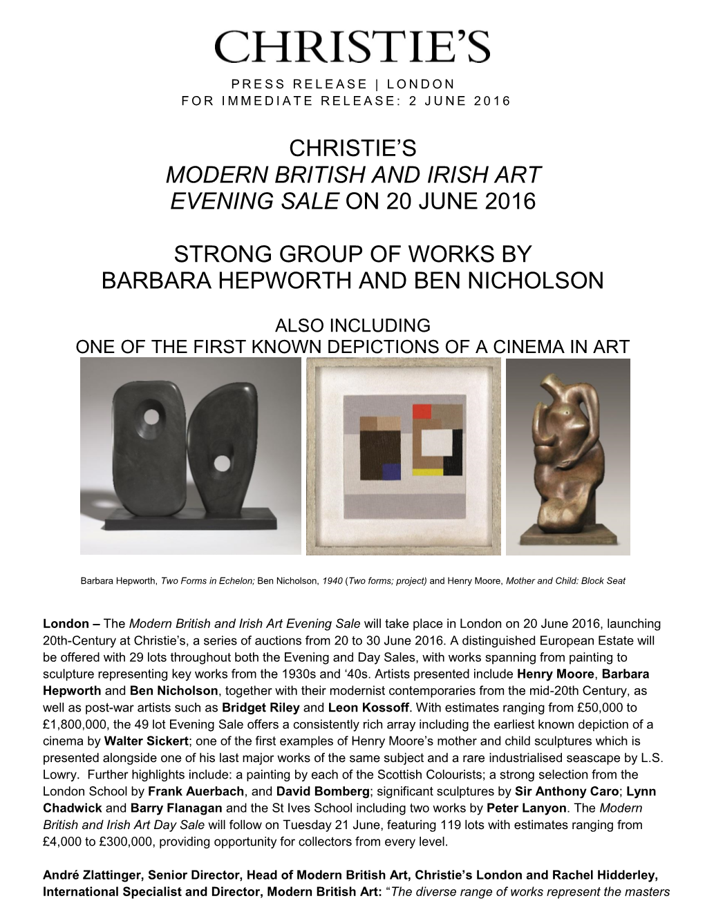 Christie's Modern British and Irish Art Evening Sale on 20