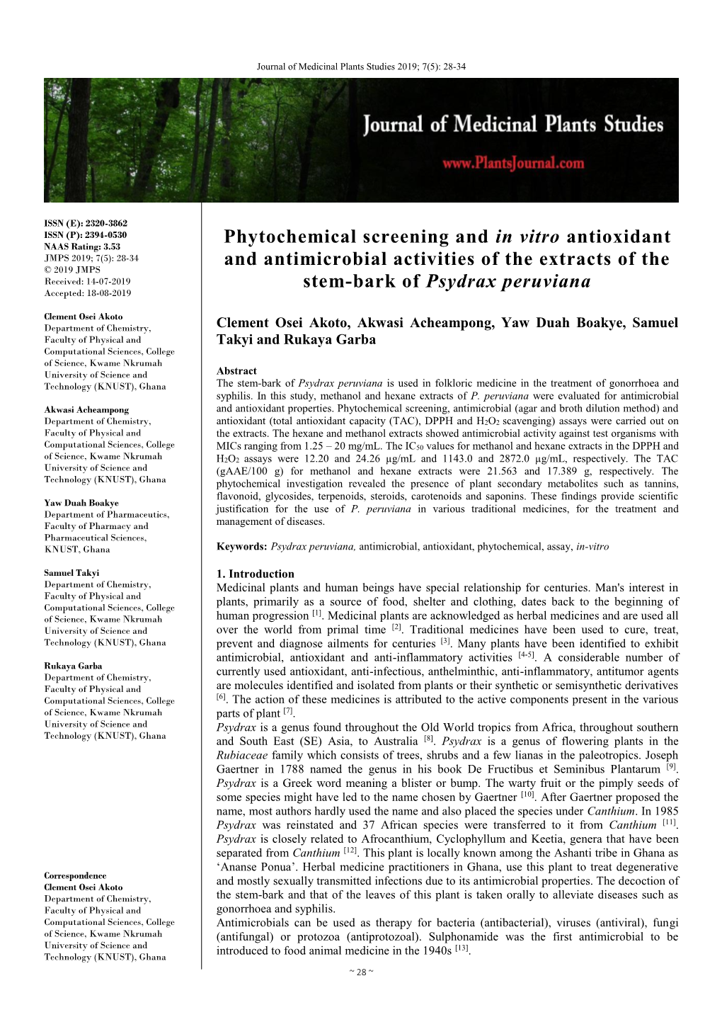 Phytochemical Screening and in Vitro Antioxidant and Antimicrobial