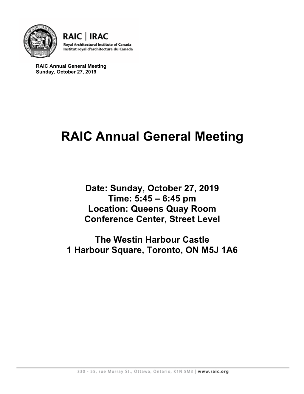 RAIC Annual General Meeting Sunday, October 27, 2019