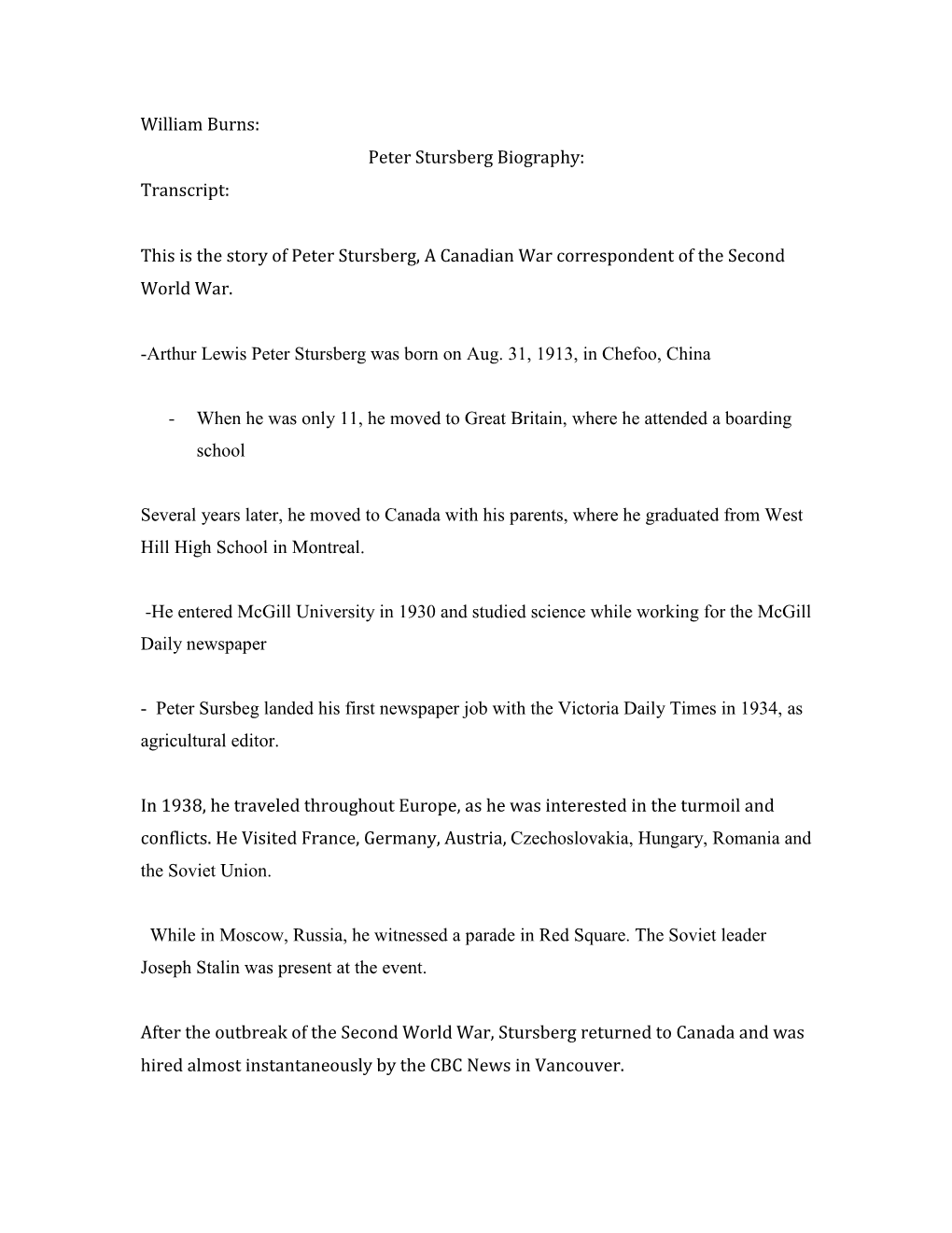 William Burns: Peter Stursberg Biography: Transcript