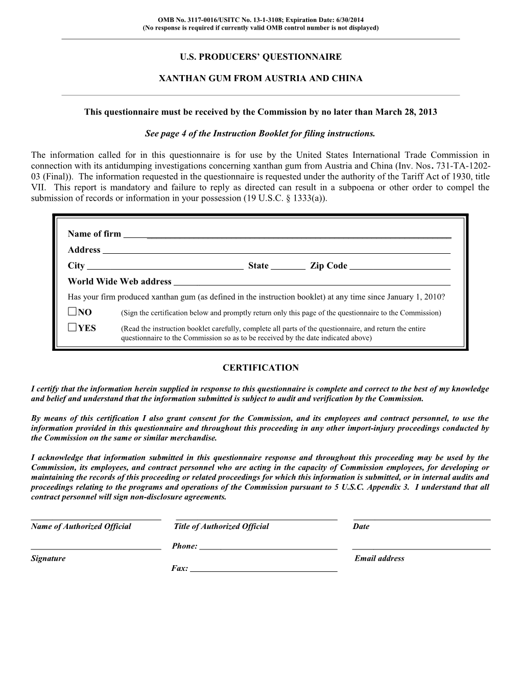 Xanthan Gum from Austria and China, US Producer Questionnaire