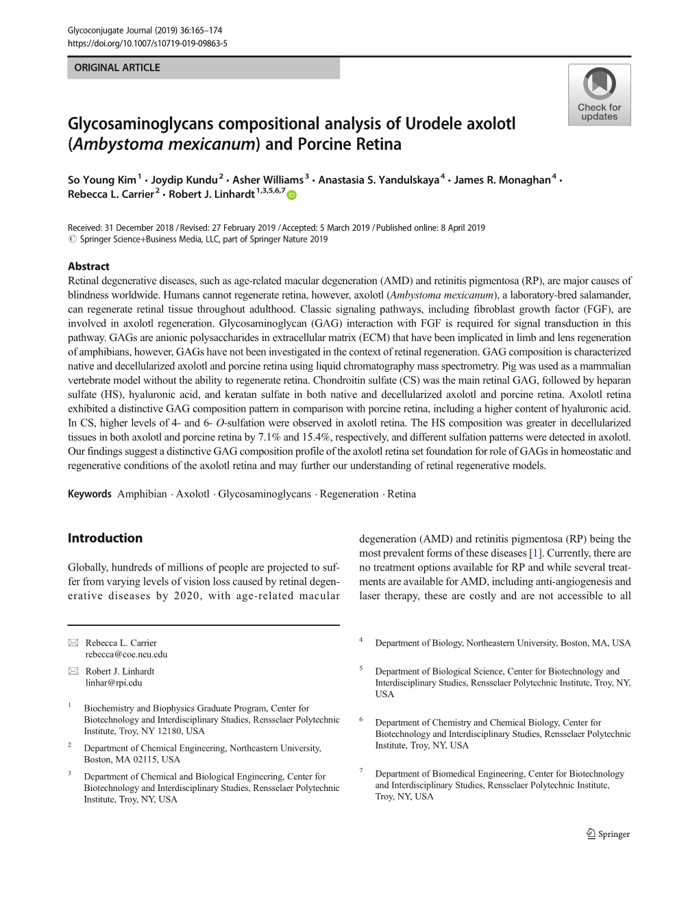 Glycosaminoglycans Compositional Analysis of Urodele Axolotl (Ambystoma Mexicanum) and Porcine Retina
