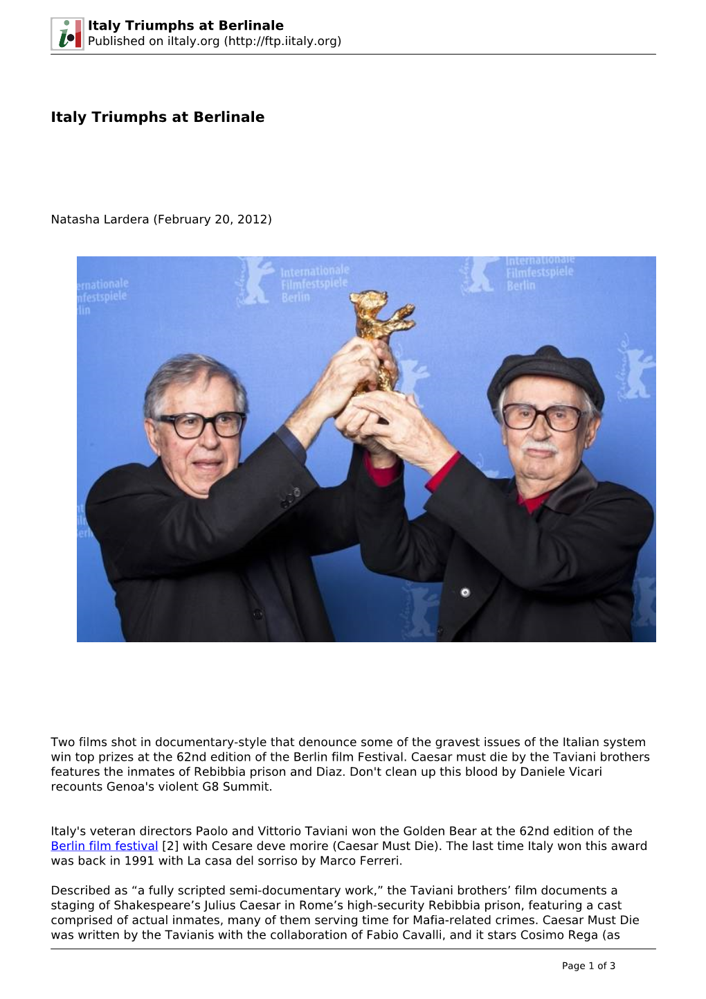 Italy Triumphs at Berlinale Published on Iitaly.Org (