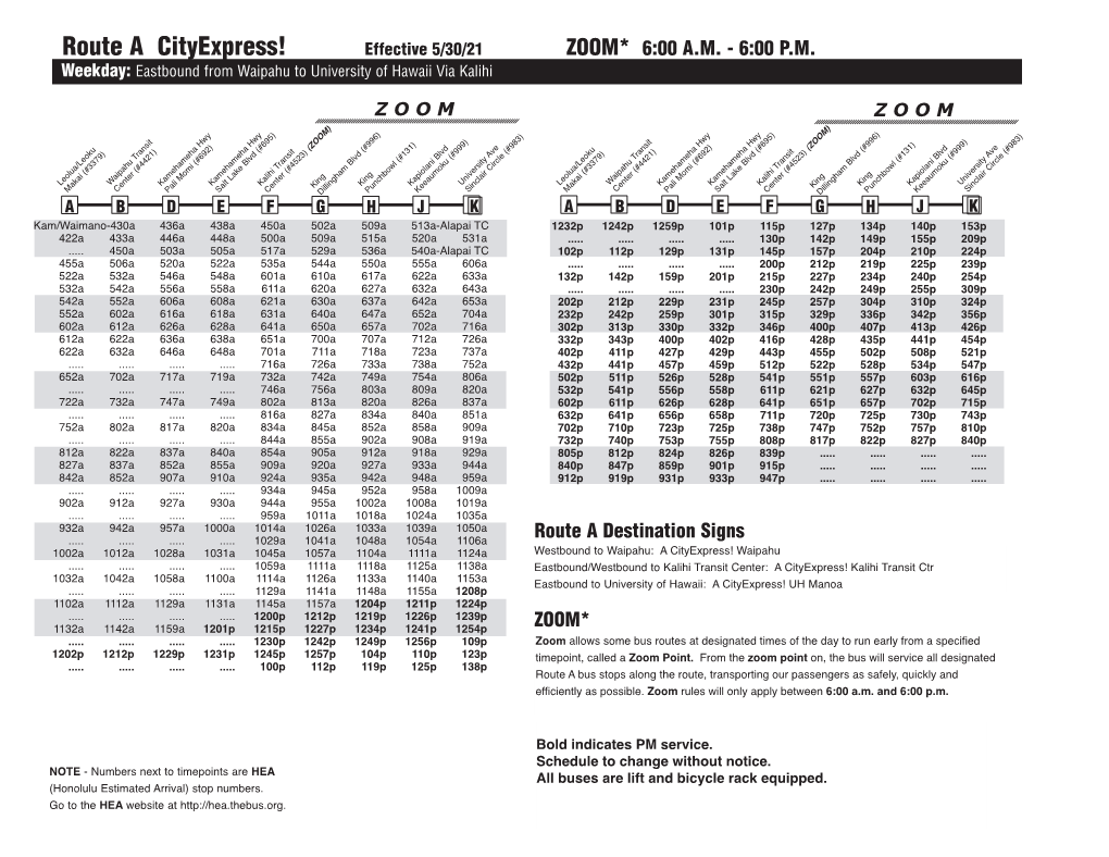 Route a Cityexpress! Effective 5/30/21 ZOOM* 6:00 A.M