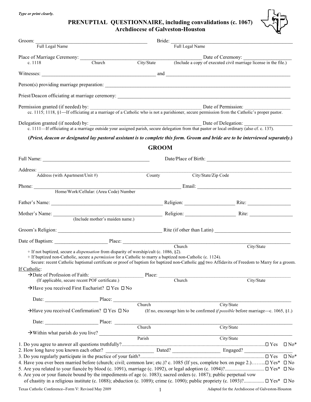 PRENUPTIAL QUESTIONNAIRE, Including Convalidations (C. 1067) Archdiocese of Galveston-Houston