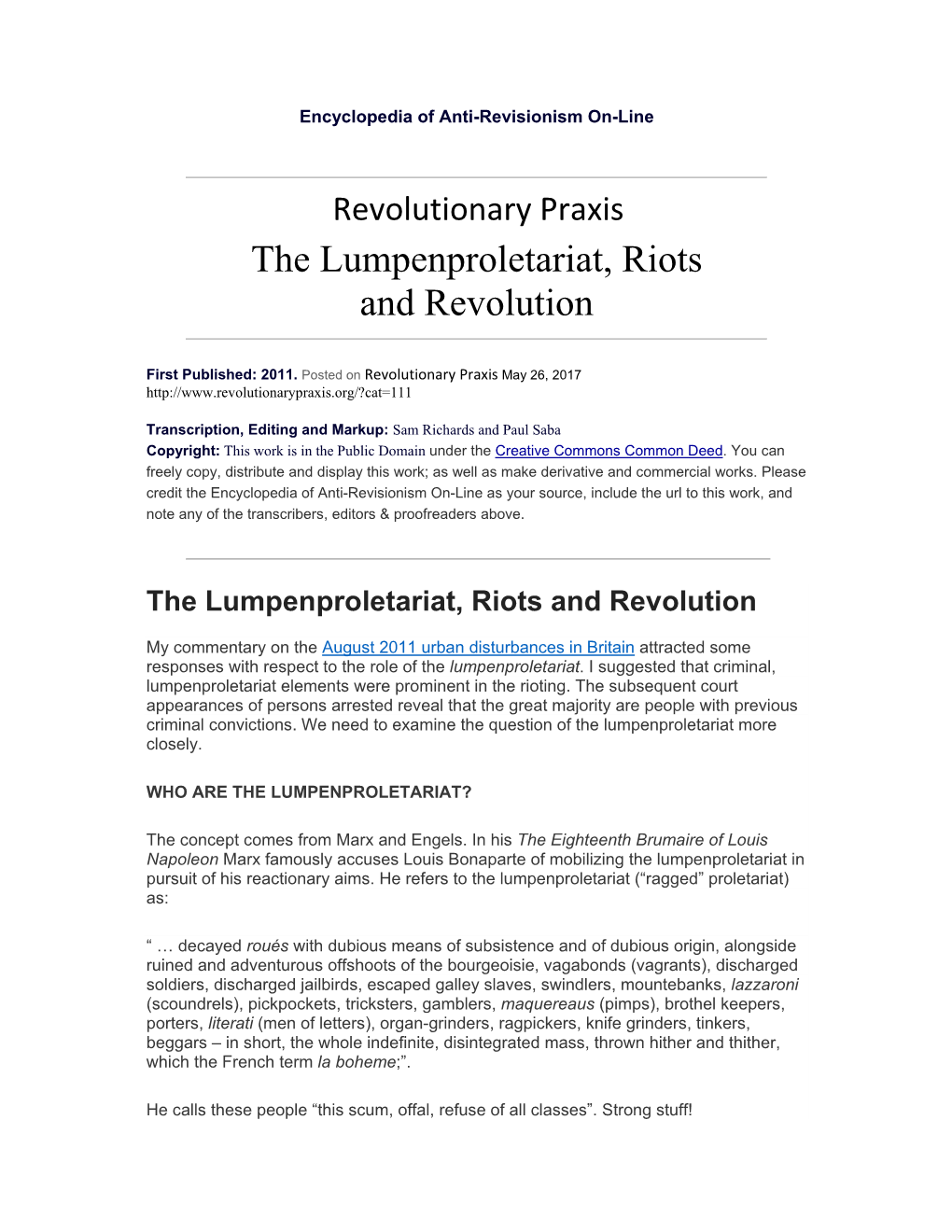 The Lumpenproletariat, Riots and Revolution