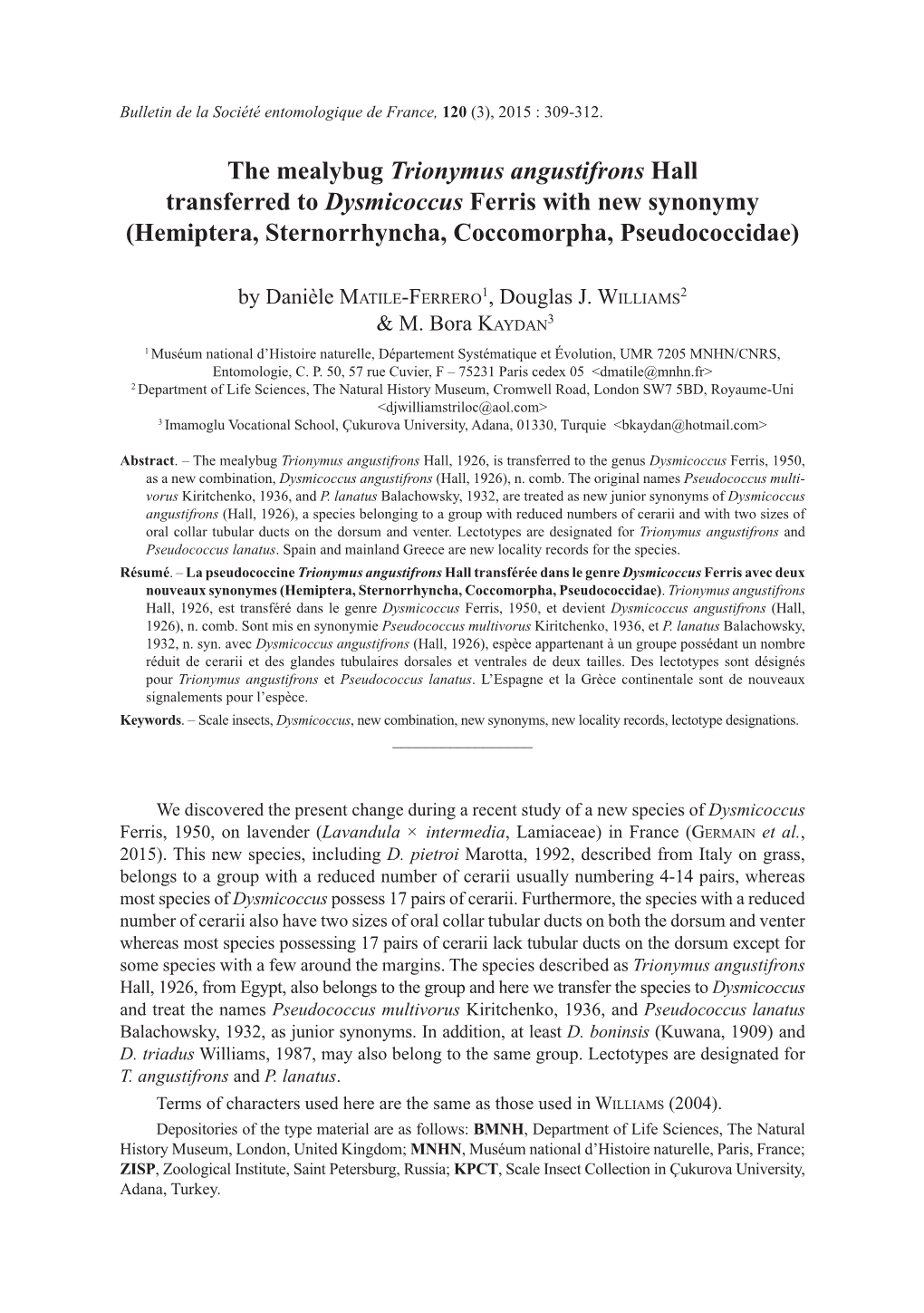 The Mealybug Trionymus Angustifrons Hall Transferred to Dysmicoccus Ferris with New Synonymy (Hemiptera, Sternorrhyncha, Coccomorpha, Pseudococcidae)