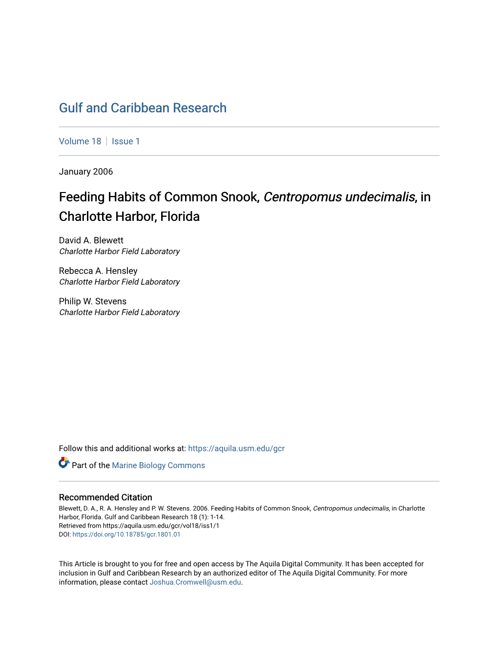 Feeding Habits of Common Snook, Centropomus Undecimalis, in Charlotte Harbor, Florida