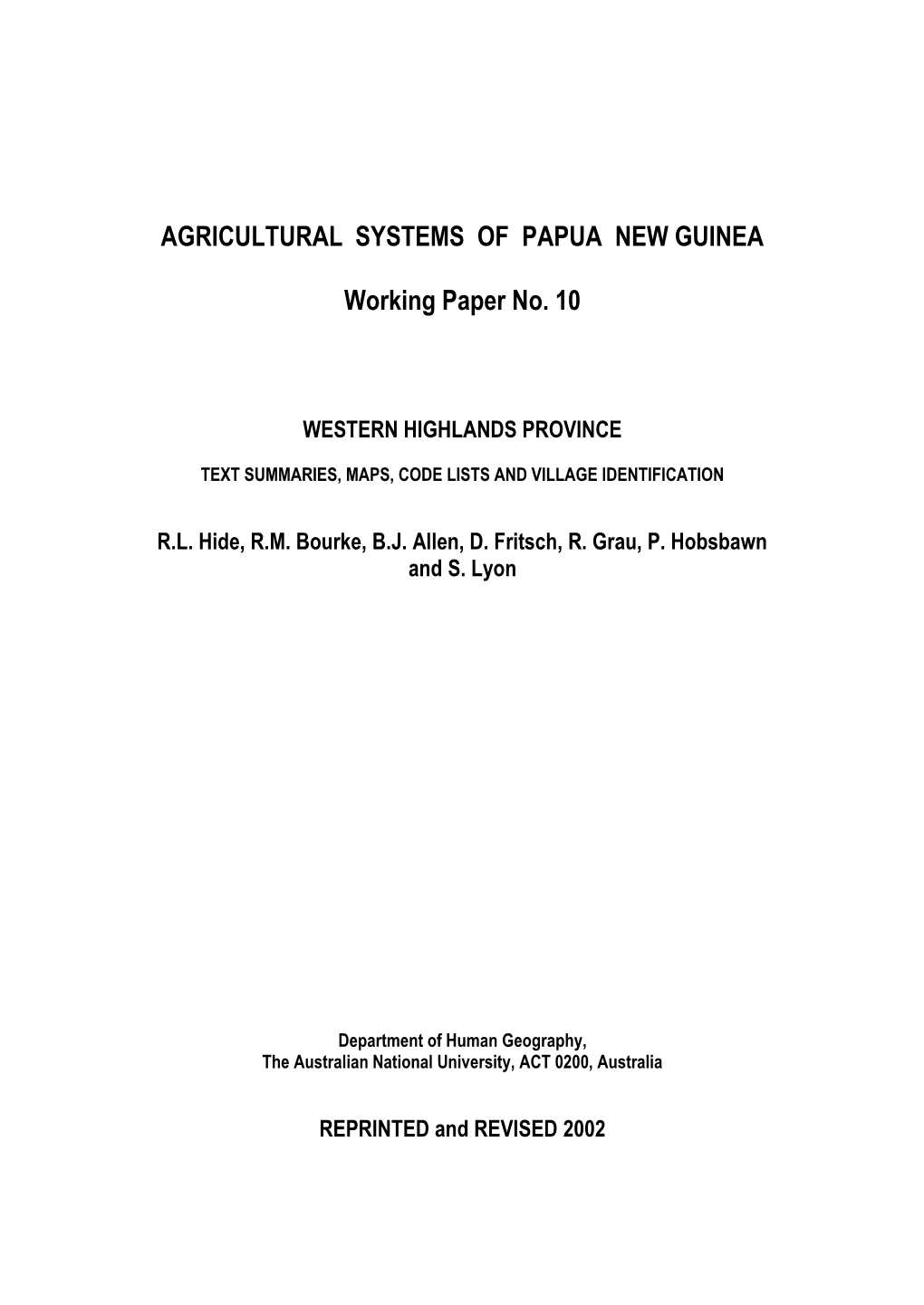 Agricultural Systems of Papua New Guinea Working Paper No. 10