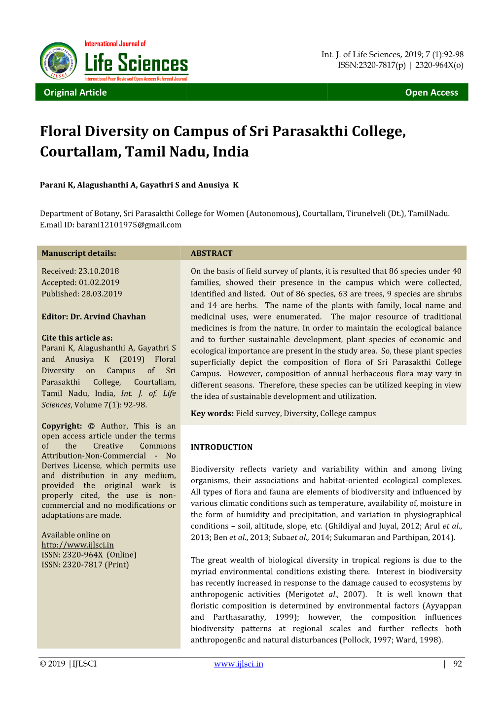 Floral Diversity on Campus of Sri Parasakthi College, Courtallam, Tamil Nadu, India