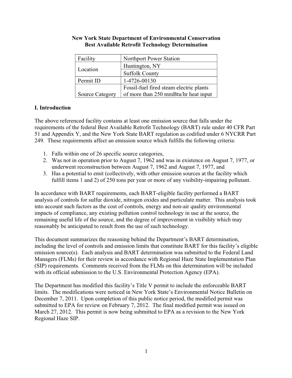 1 New York State Department of Environmental Conservation Best Available Retrofit Technology Determination Facility Northport Po