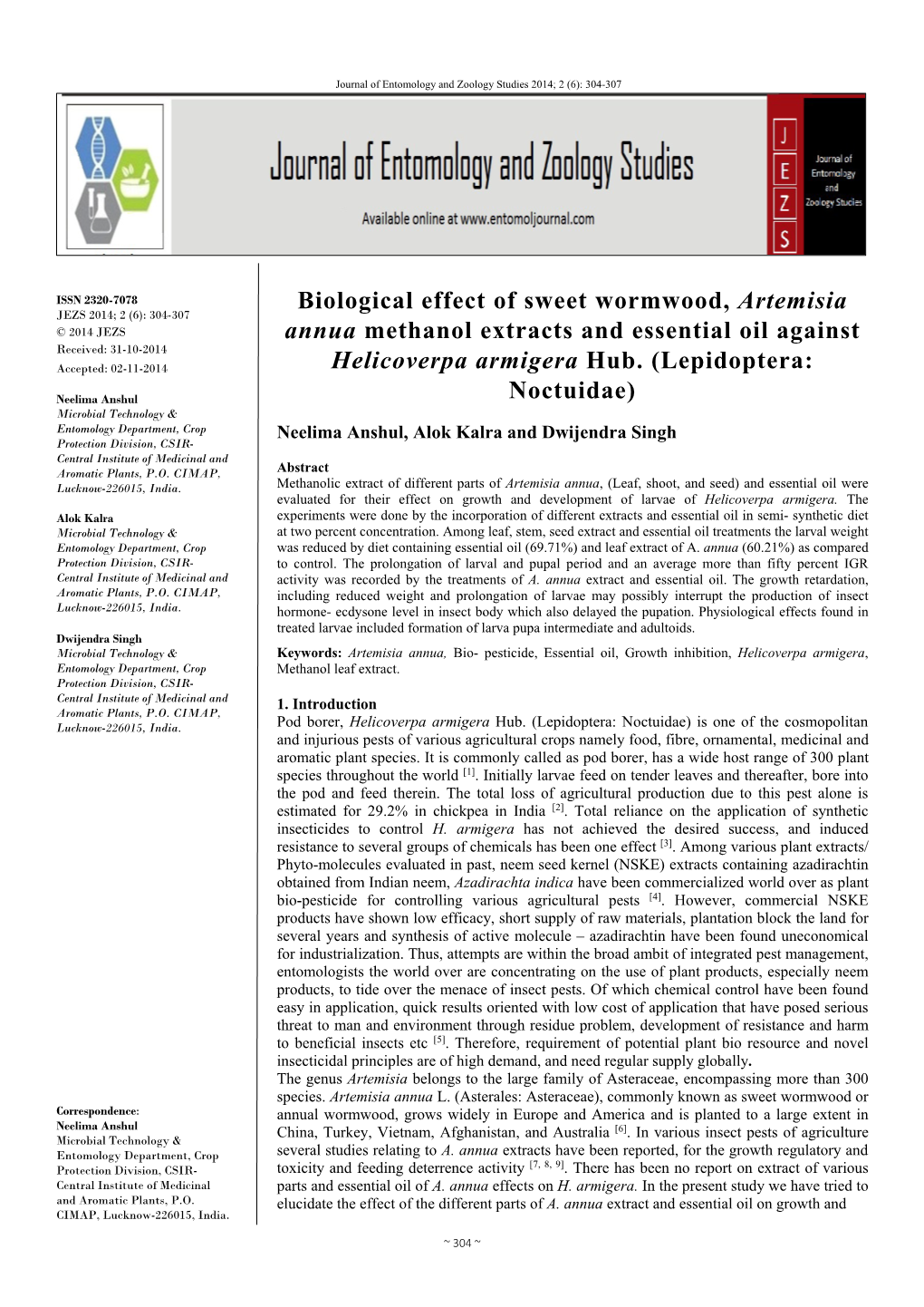 Biological Effect of Sweet Wormwood, Artemisia Annua Methanol Extracts and Essential Oil Against Helicoverpa Armigera Hub