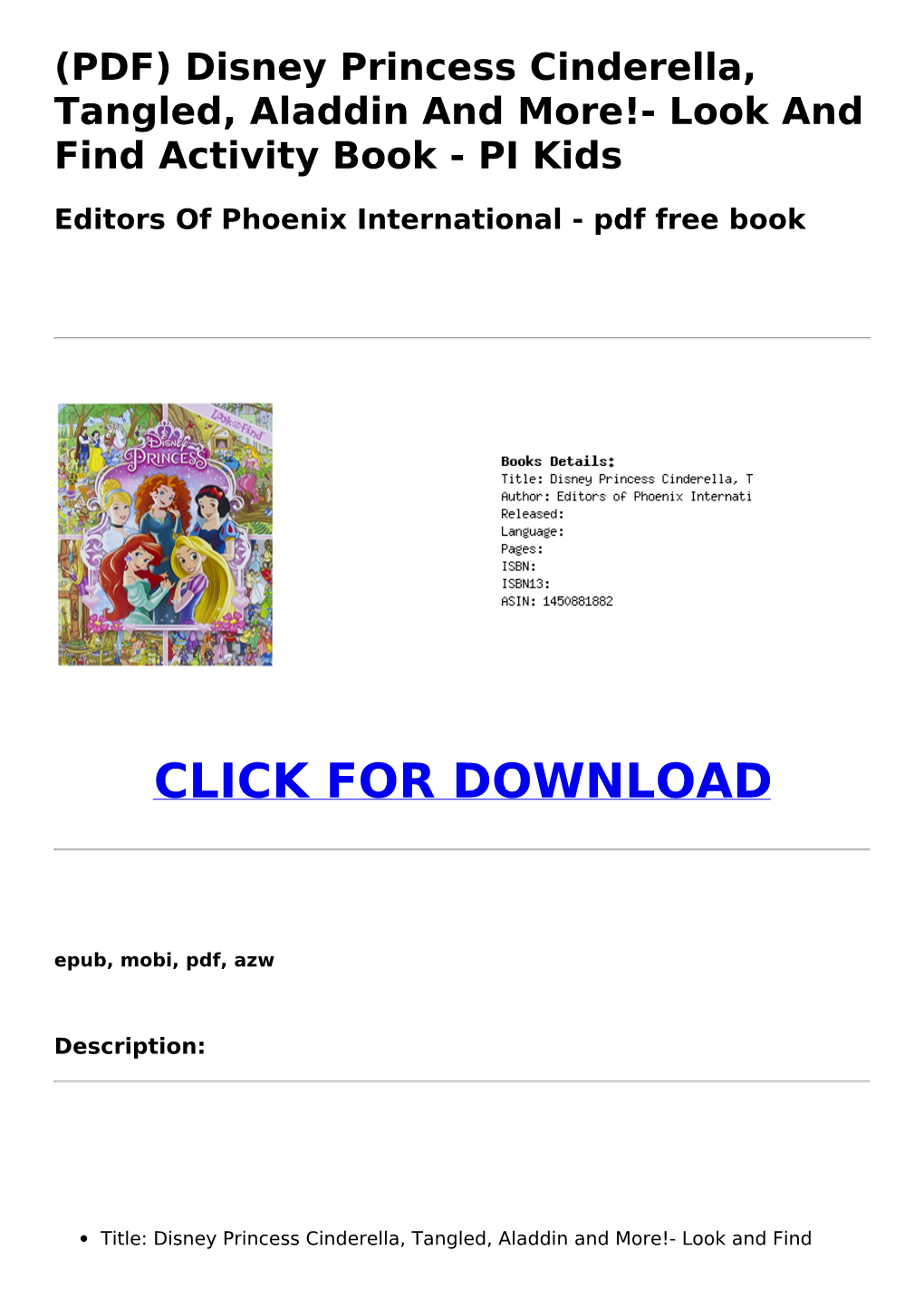 (PDF) Disney Princess Cinderella, Tangled, Aladdin and More!- Look and Find Activity Book - PI Kids