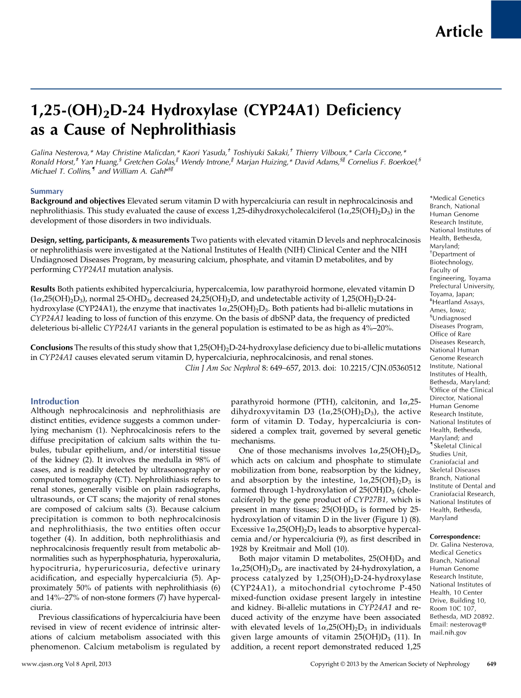 CYP24A1) Deﬁciency As a Cause of Nephrolithiasis