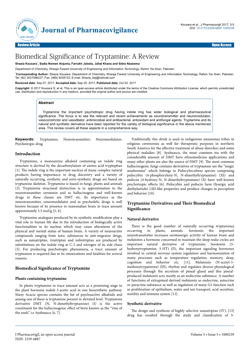 Biomedical Significance of Tryptamine