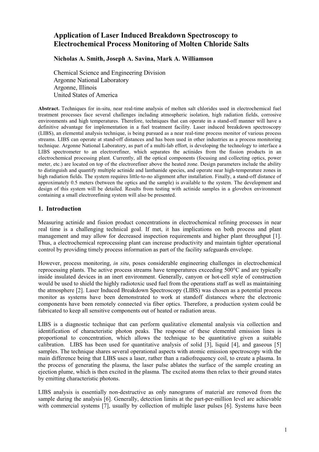 Application of Laser Induced Breakdown Spectroscopy to Electrochemical Process Monitoring of Molten Chloride Salts