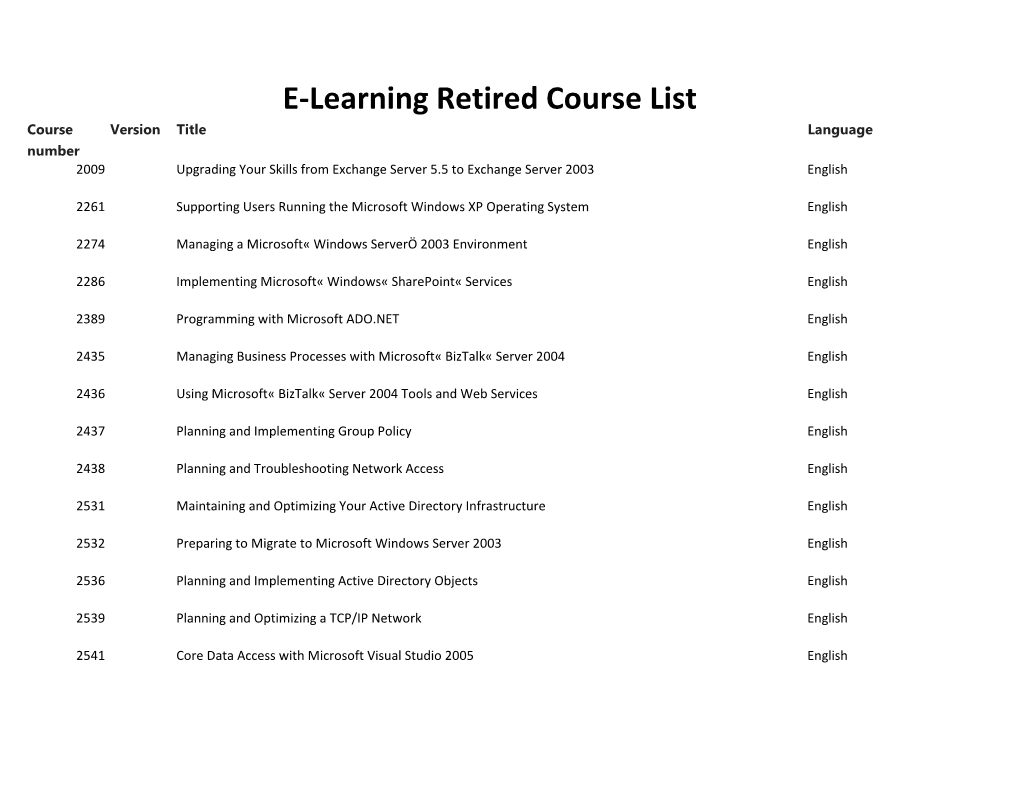 E-Learning Retired Course List Course Version Title Language Number 2009 Upgrading Your Skills from Exchange Server 5.5 to Exchange Server 2003 English