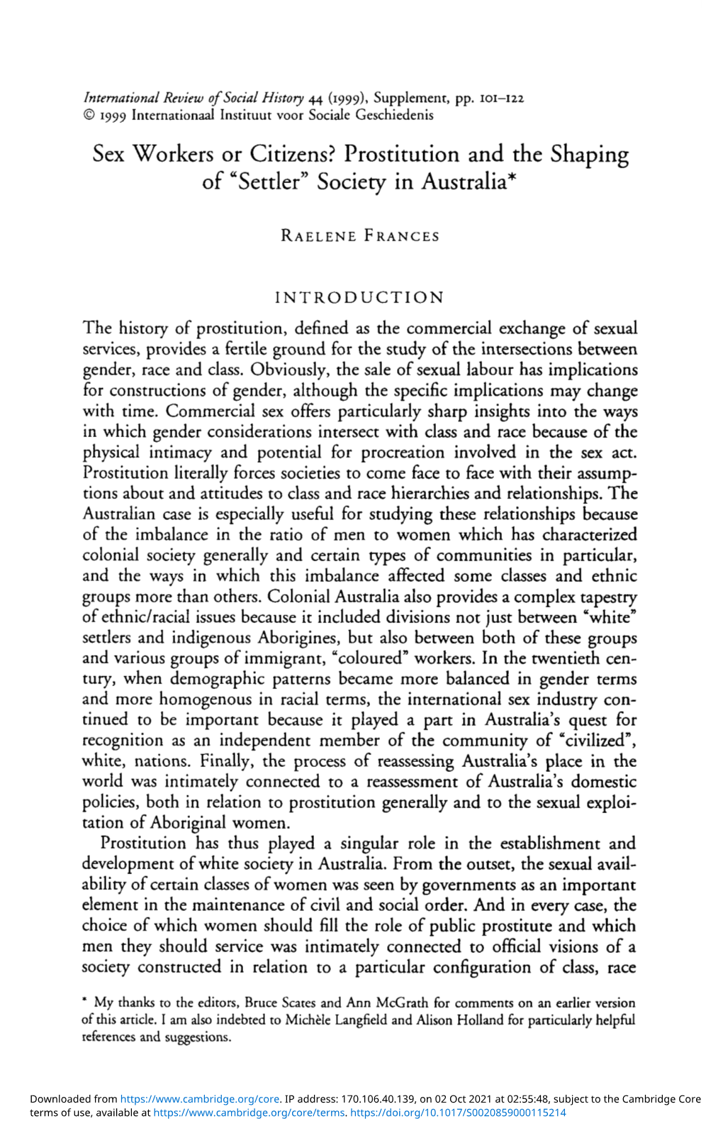 Prostitution and the Shaping of “Settler” Society in Australia